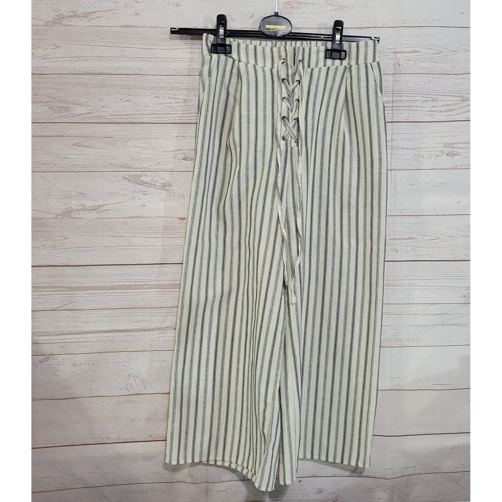 Lydelle Striped Capri Womens Small Black Beige Laces Pull On Wide Leg Nautical